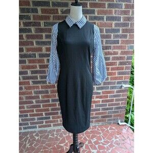 New York & Company 7th Avenue Black Sheath Shirt Dress w/ Bishop Sleeves-Med